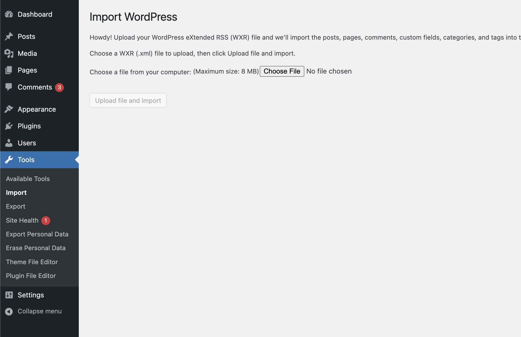 Admin bar export menu at edit page