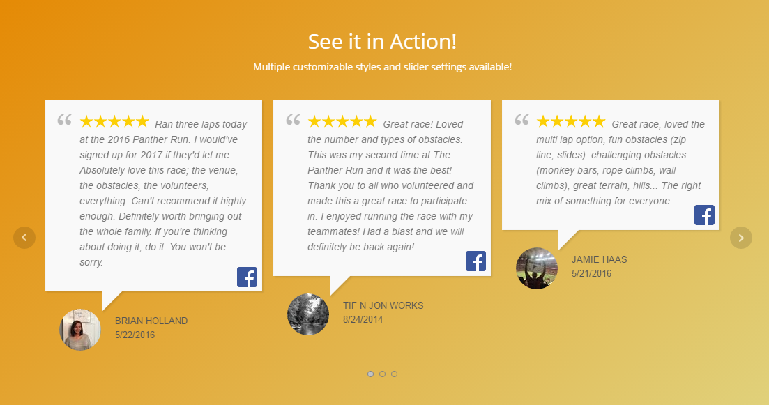 Create a beautiful review slider on your posts or pages! More styles available in Pro version.