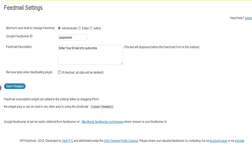 Configuration page for feedmail.