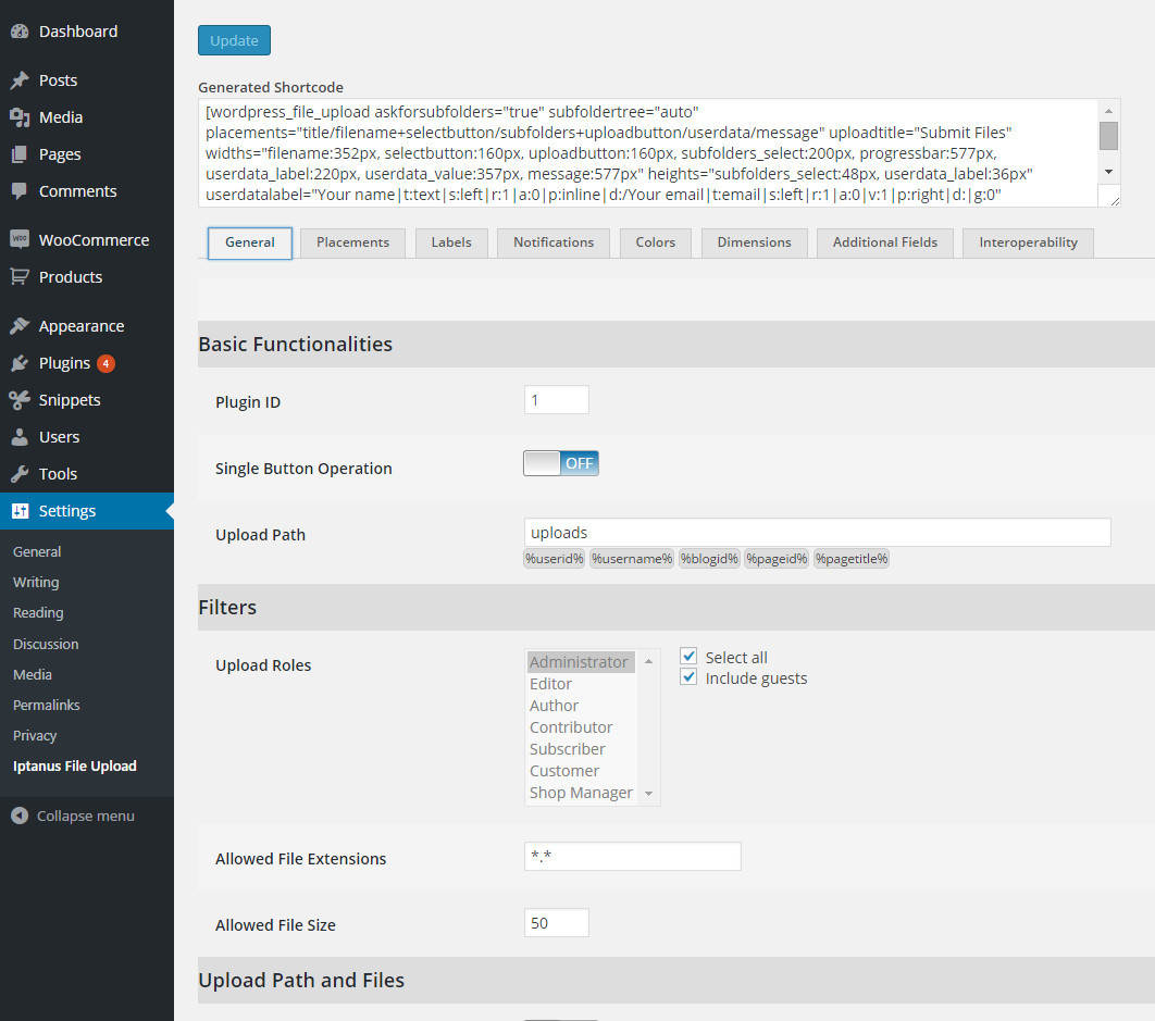 A screenshot of the shortcode composer.