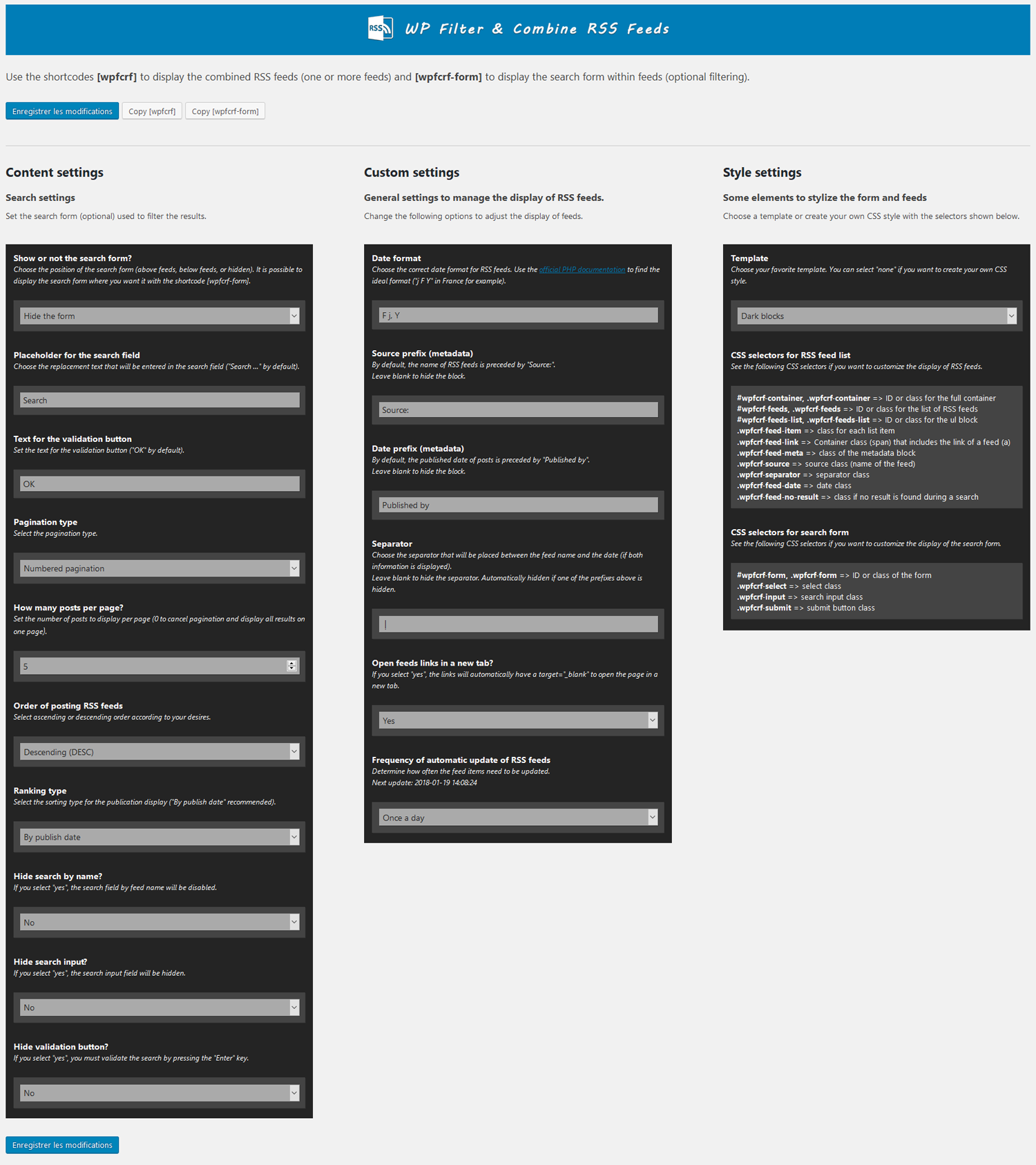 Settings page (page des paramètres).