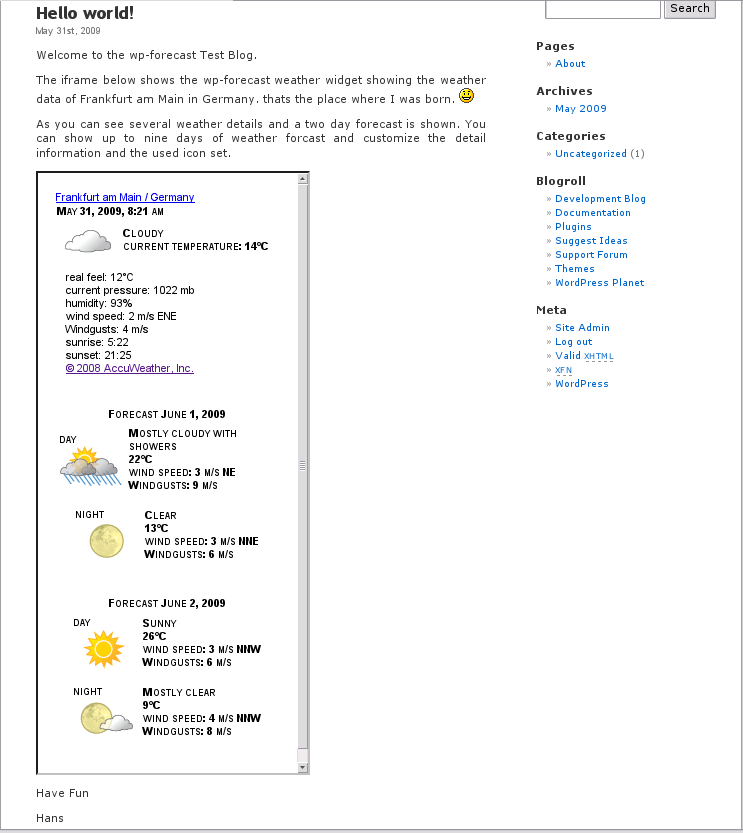 wp-forecast in an iframe with a two day forecast