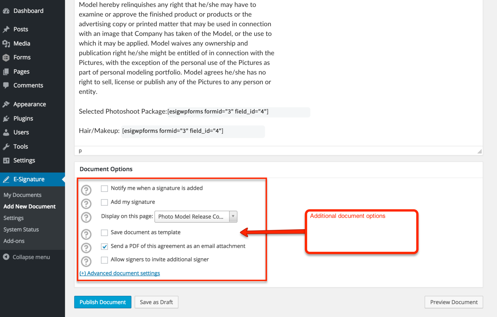 <p><strong>Document Signing Options (optional):</strong> The powerful WP e-signature tool by ApproveMe features plenty of customizable options including: Signing reminder Emails, Attach PDF to emails, Dropbox Sync, Auto Register WordPress Users, and TONS more. To read all about the available add-on features (which come with the license) please see: <a href="http://aprv.me/2lNRp2C">https://www.approveme.com/esign-integrations</a></p>