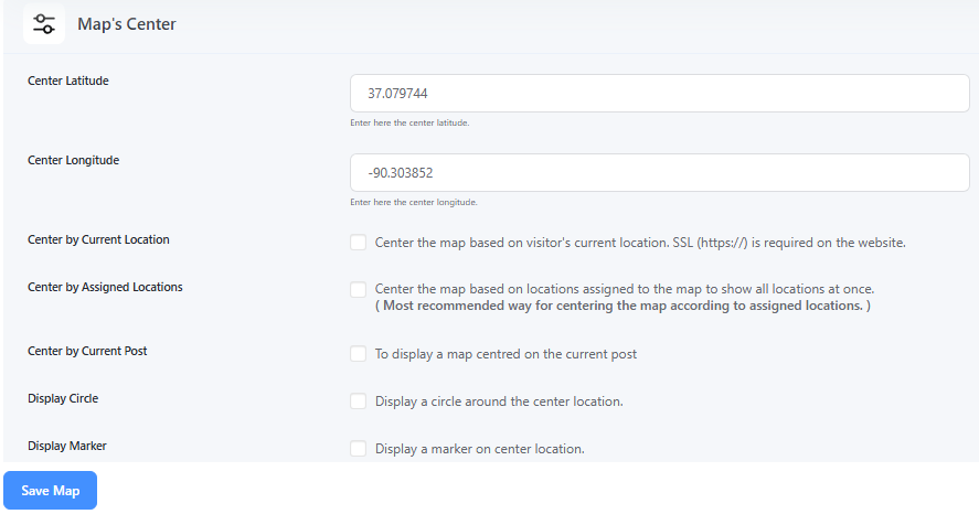 Map Center Settings – Set the default center and zoom level for the map