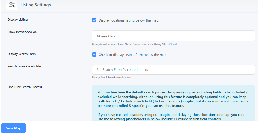 Map Listing Settings – Customize how location listings appear next to the map