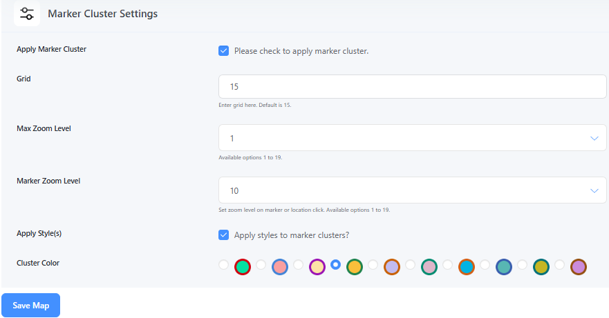 Marker Cluster Settings – Enable clustering of nearby markers for better performance