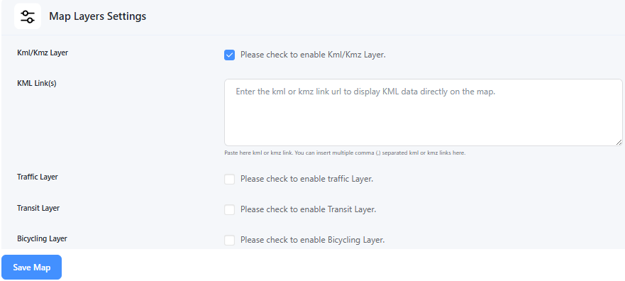 Map Layers Settings – Toggle layers like traffic, transit, or bicycle routes