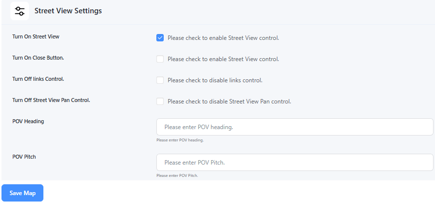 Street View Settings – Enable or disable Google Street View on the map