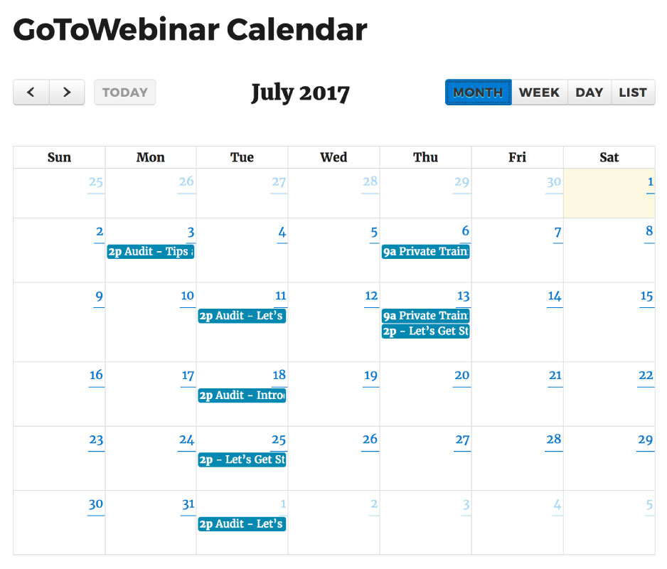 Calendar view of upcoming webinars