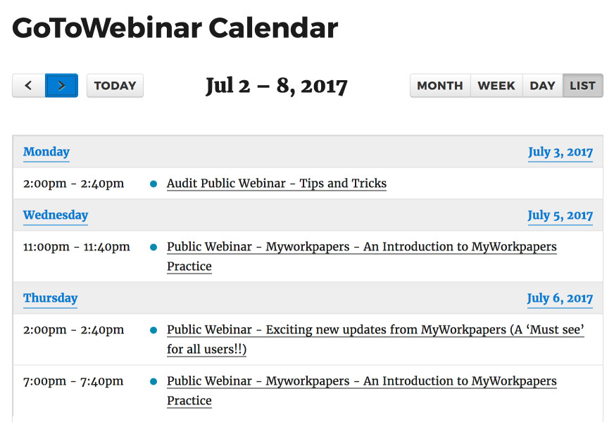 Calendar view list of upcoming webinars