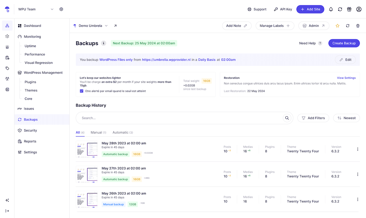 WP Umbrella: Update Backup Restore & Monitoring