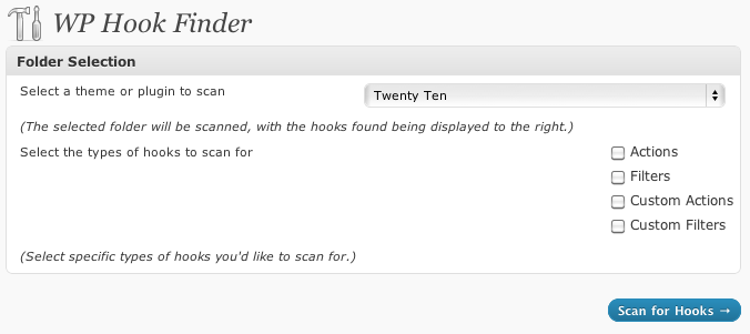 The WP Hook Finder main screen, before a scan.