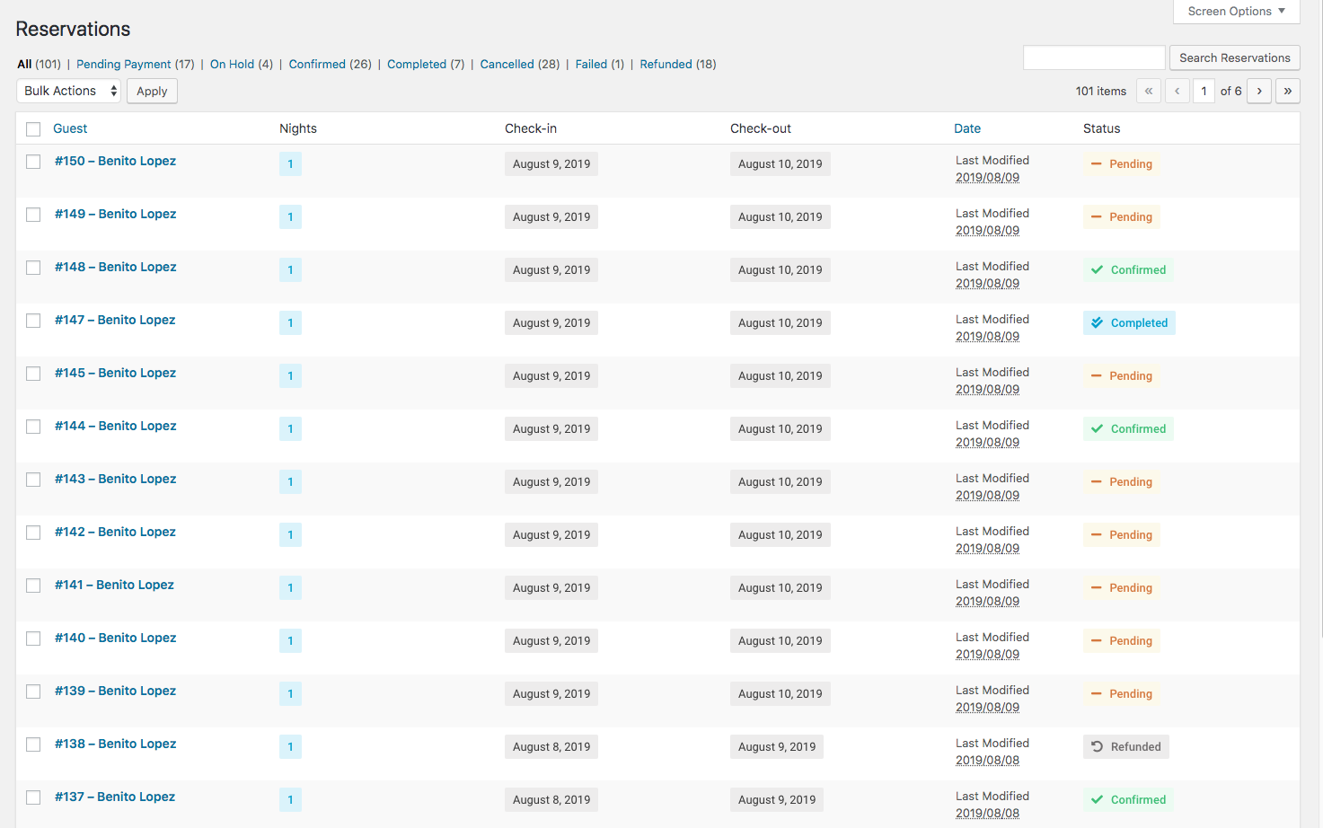 WP Hotelier - List of reservations.