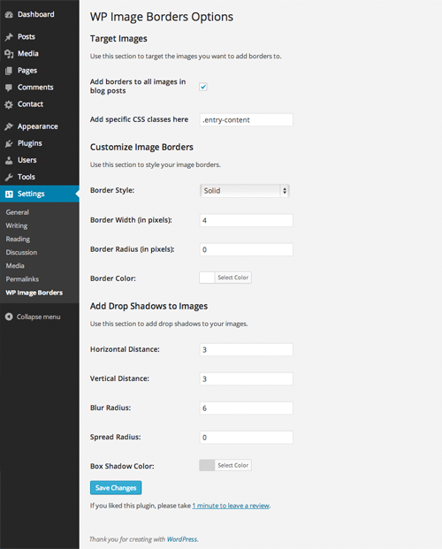 This is the WP Image Borders options page