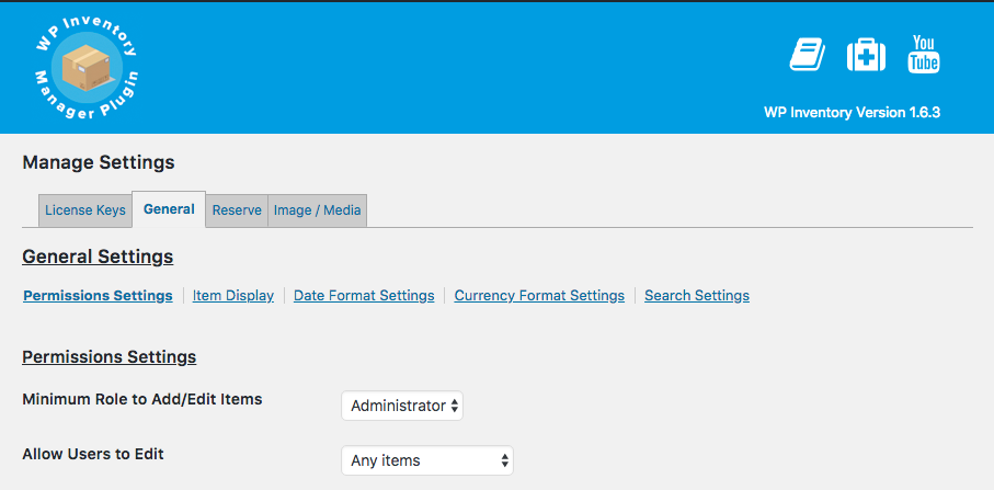 <p>Settings page tabs. Navigate this section to properly configure your WP Inventory Manager.</p>