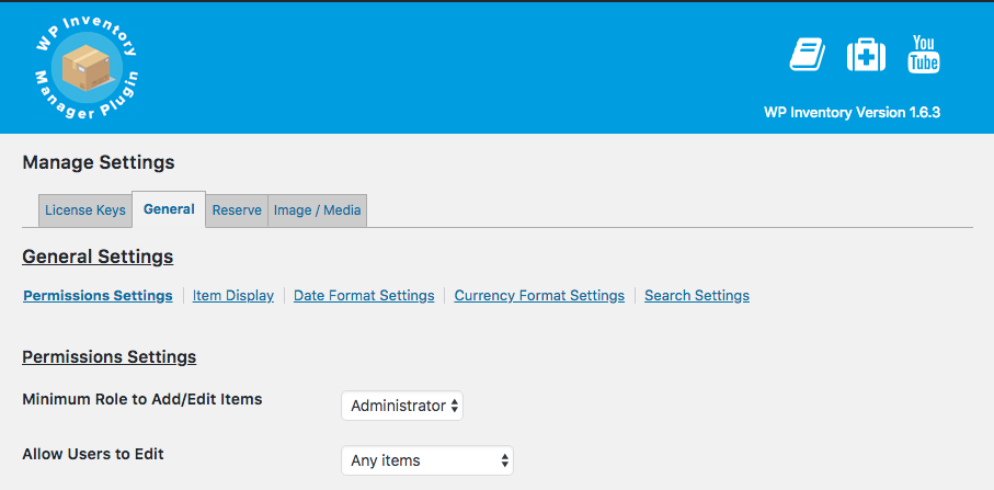 <p>Settings page tabs.  Navigate this section to properly configure your WP Inventory Manager.</p>