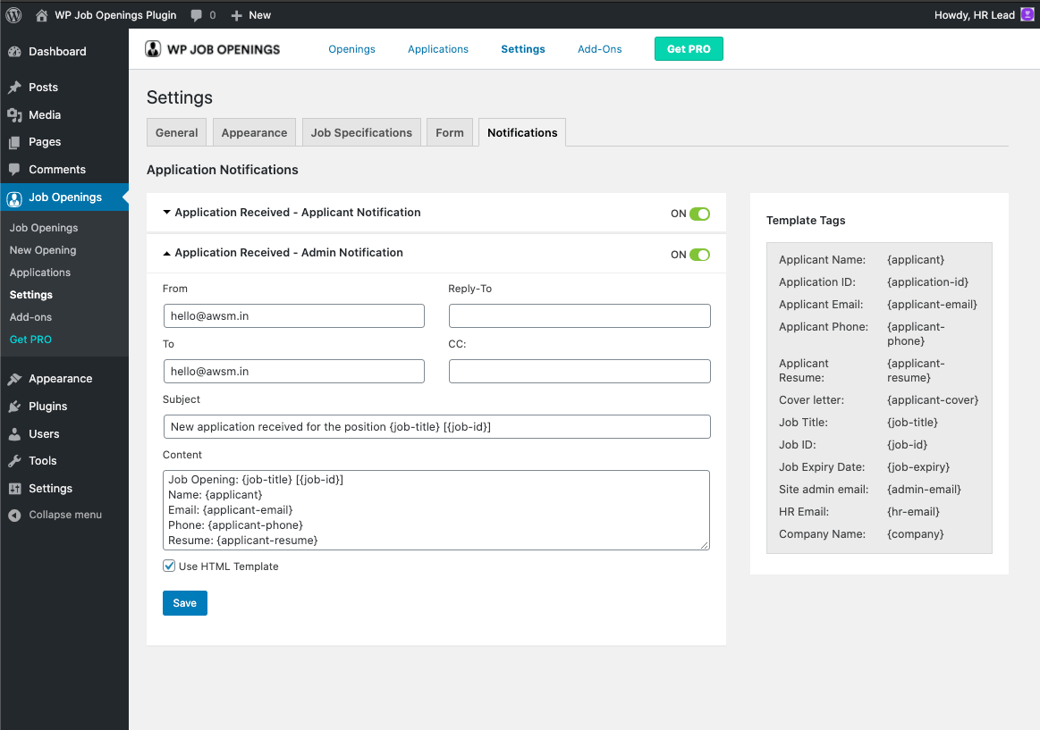 Notifications Template Settings