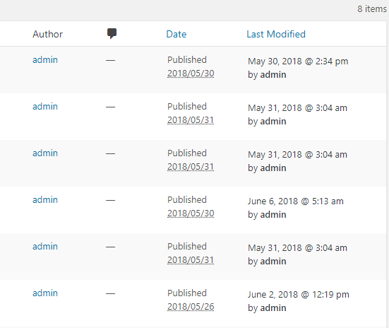 Post / Page / Custom post types admin column: Last Modified column with author name.