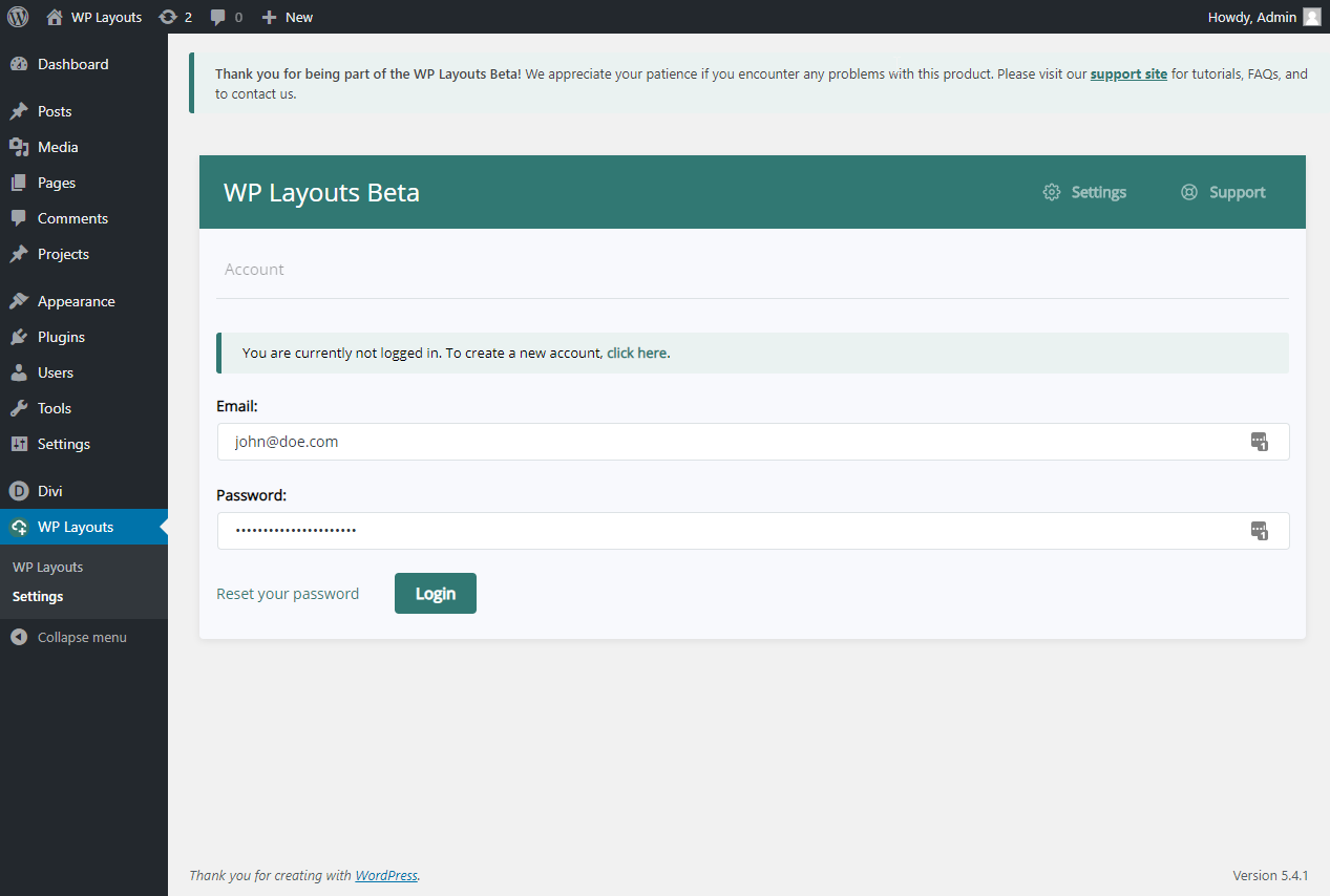 Settings page