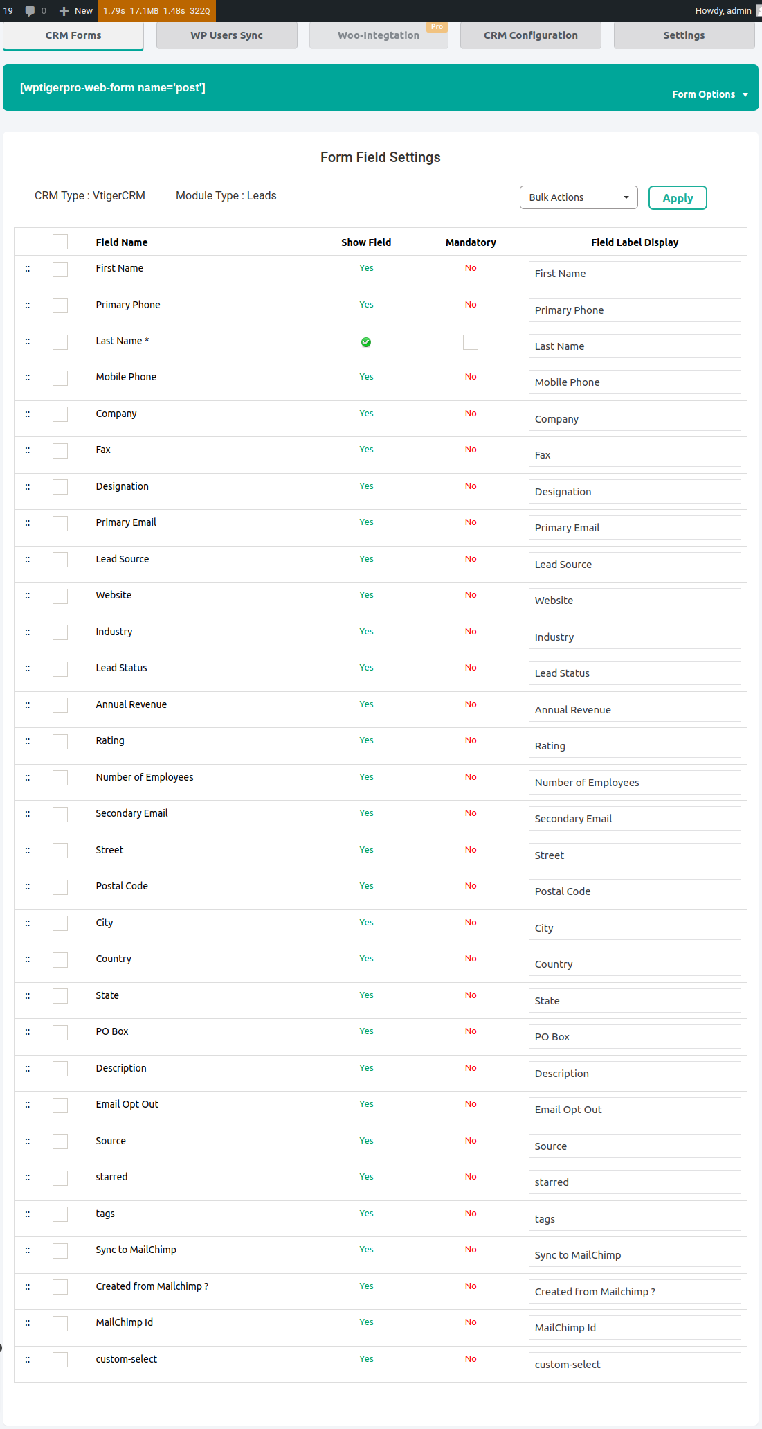 CRM Form generation and shortcode list