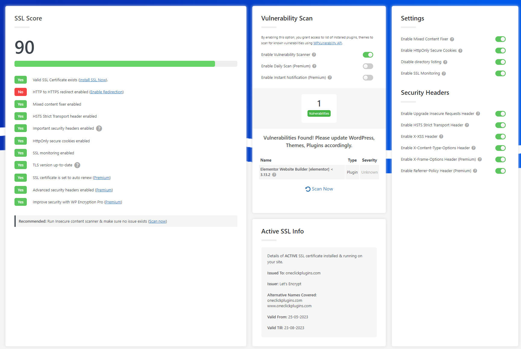 SSL Health & Security page with realtime SSL score