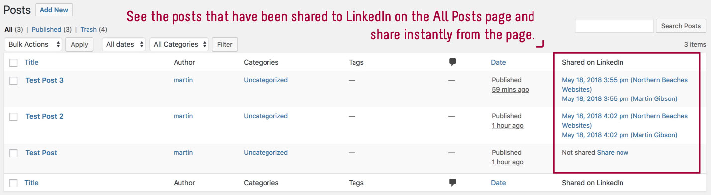 On the all posts page there will be a new Shared on LinkedIn column which tells you which posts have been shared on LinkedIn or not and you can share instantly straight from that screen.