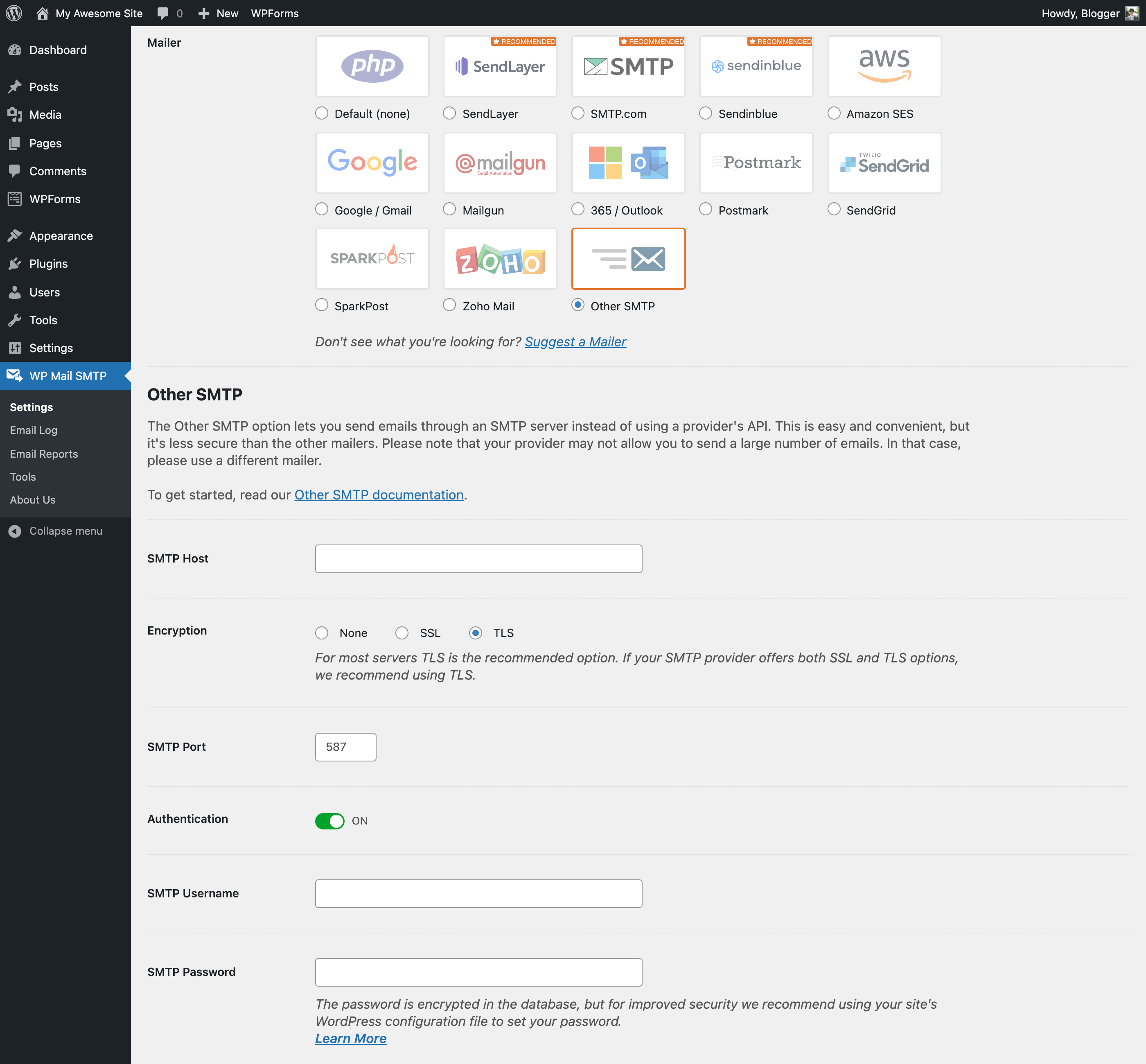 List of mailers with Other SMTP settings example