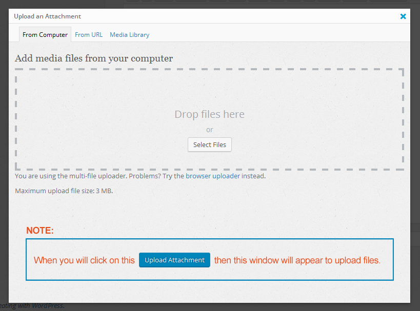 <ul>
<li><strong>How to upload attachment</strong> - when click on Upload Attachment button in compose mail section this window will appear. You can drag and drop your attachment here.</li></ul>