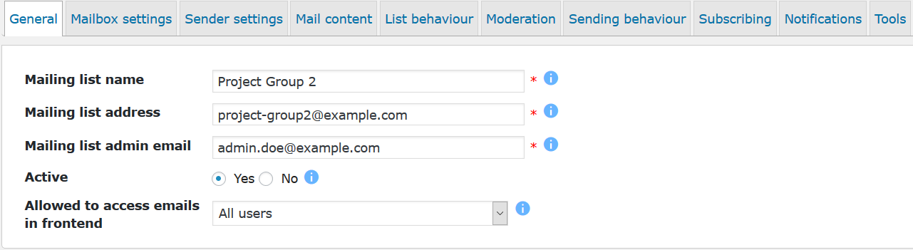 Mailing list settings, general settings