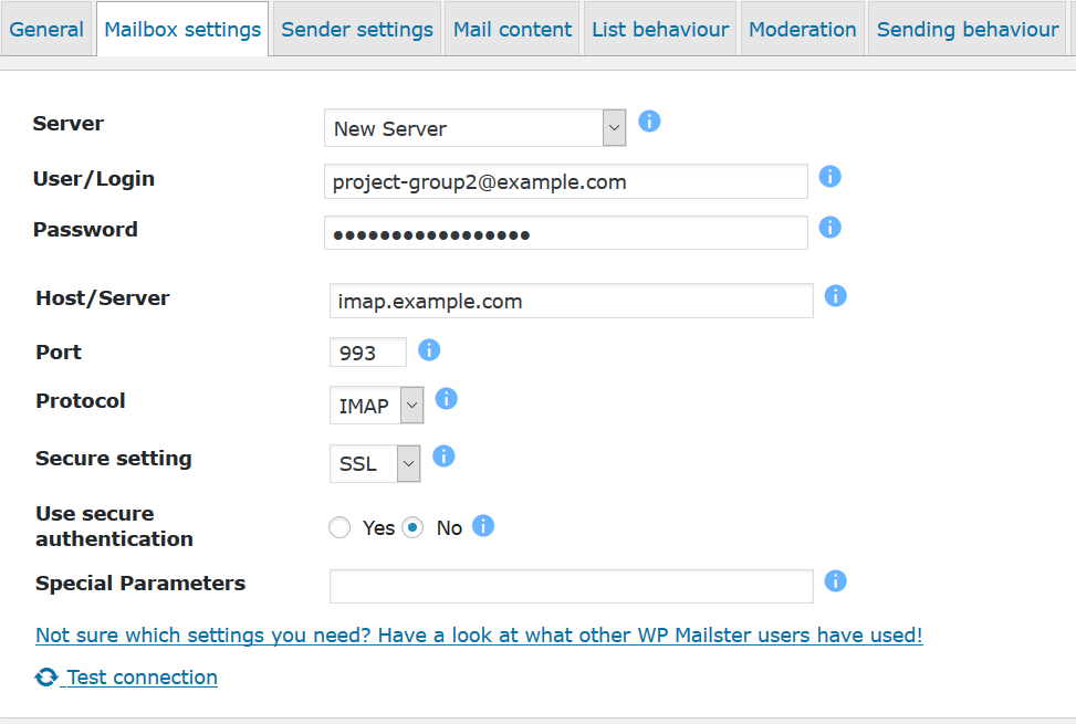 Mailing list settings, mailbox (incoming email)