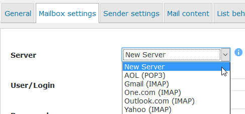 Mailing list settings, mailbox: choose from some pre-configured servers or use your own (what most users do)