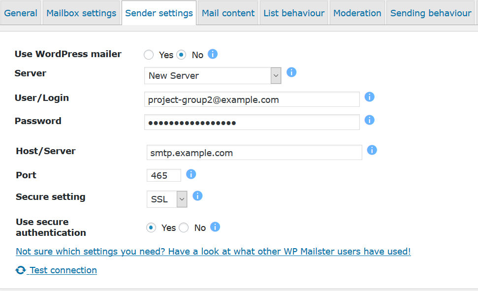 Mailing list settings, sender settings (outgoing email)