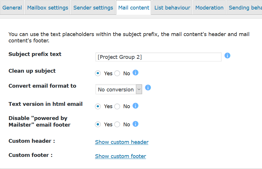 Mailing list settings, mail content