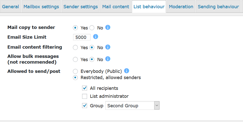 Mailing list settings, list behaviour