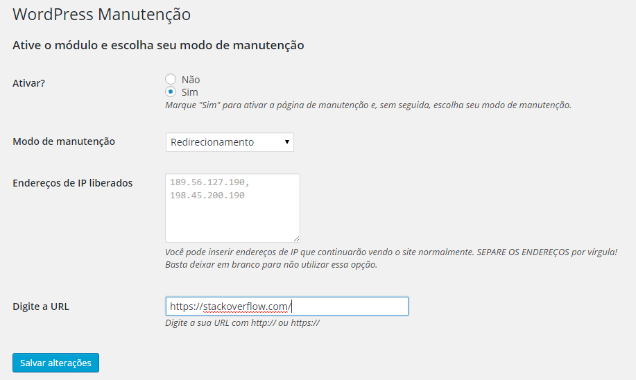 Tela de configuração - Redirecionamento