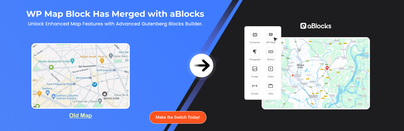 WordPress 外掛 WP Map Block – Gutenberg Map Block for Google Map and OpenStreet Map by aBlocks 的封面圖片。