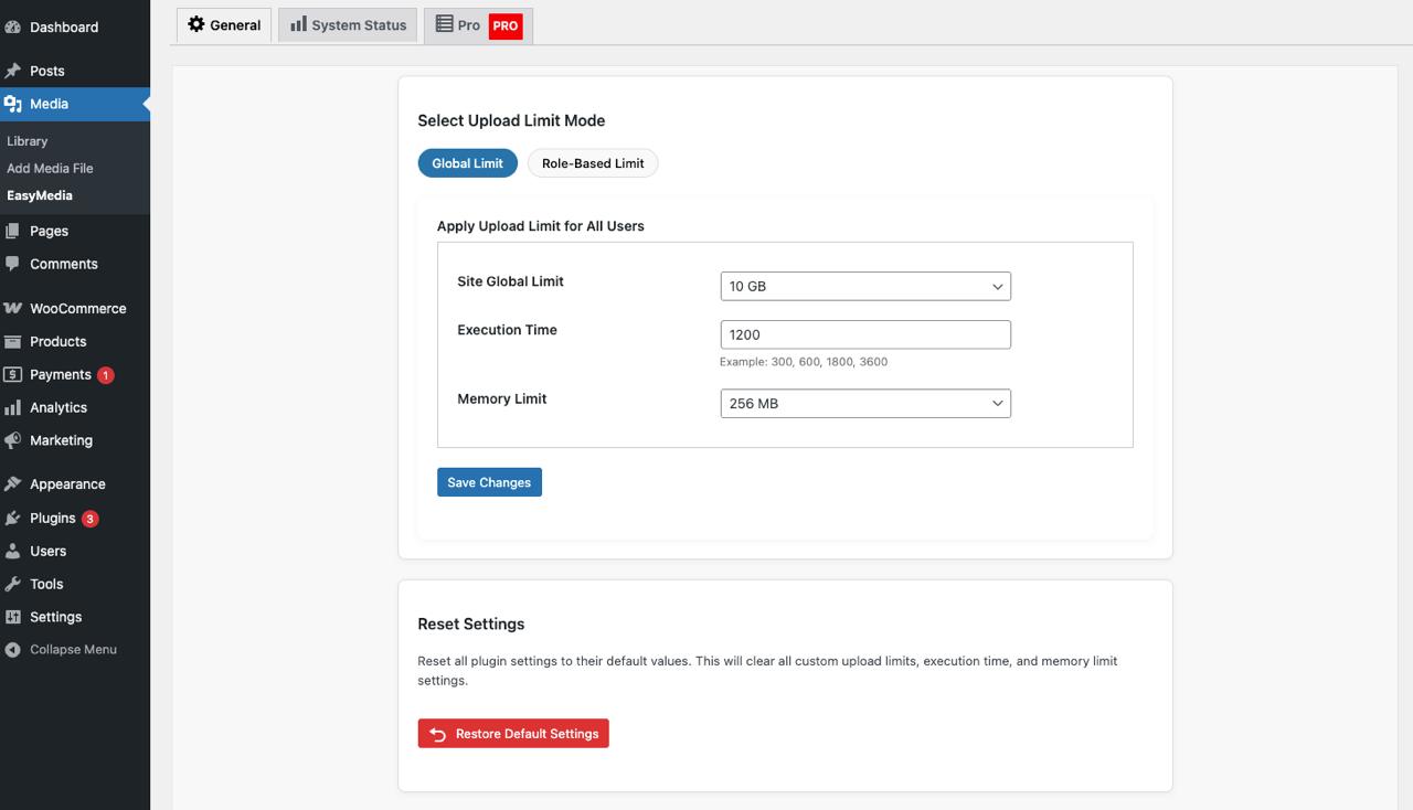 Admin Panel for maximum upload file size.