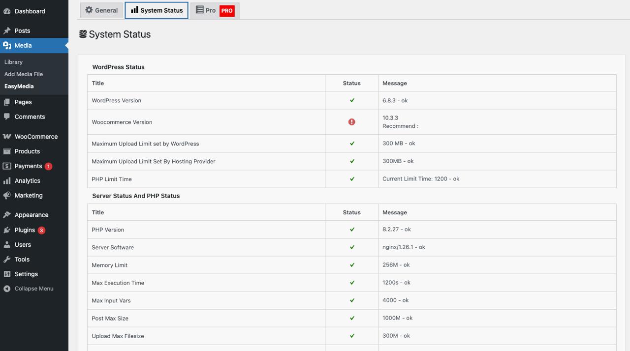 System status dashboard showing current limits.