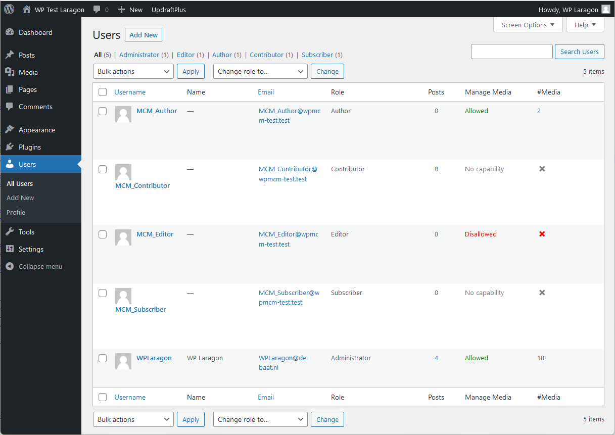 User List page view showing additional user settings for managing media.