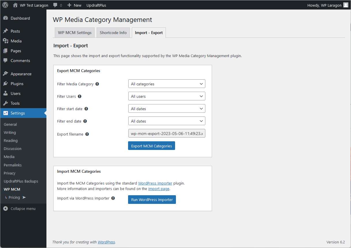 The admin page showing the options for Import - Export using this plugin.