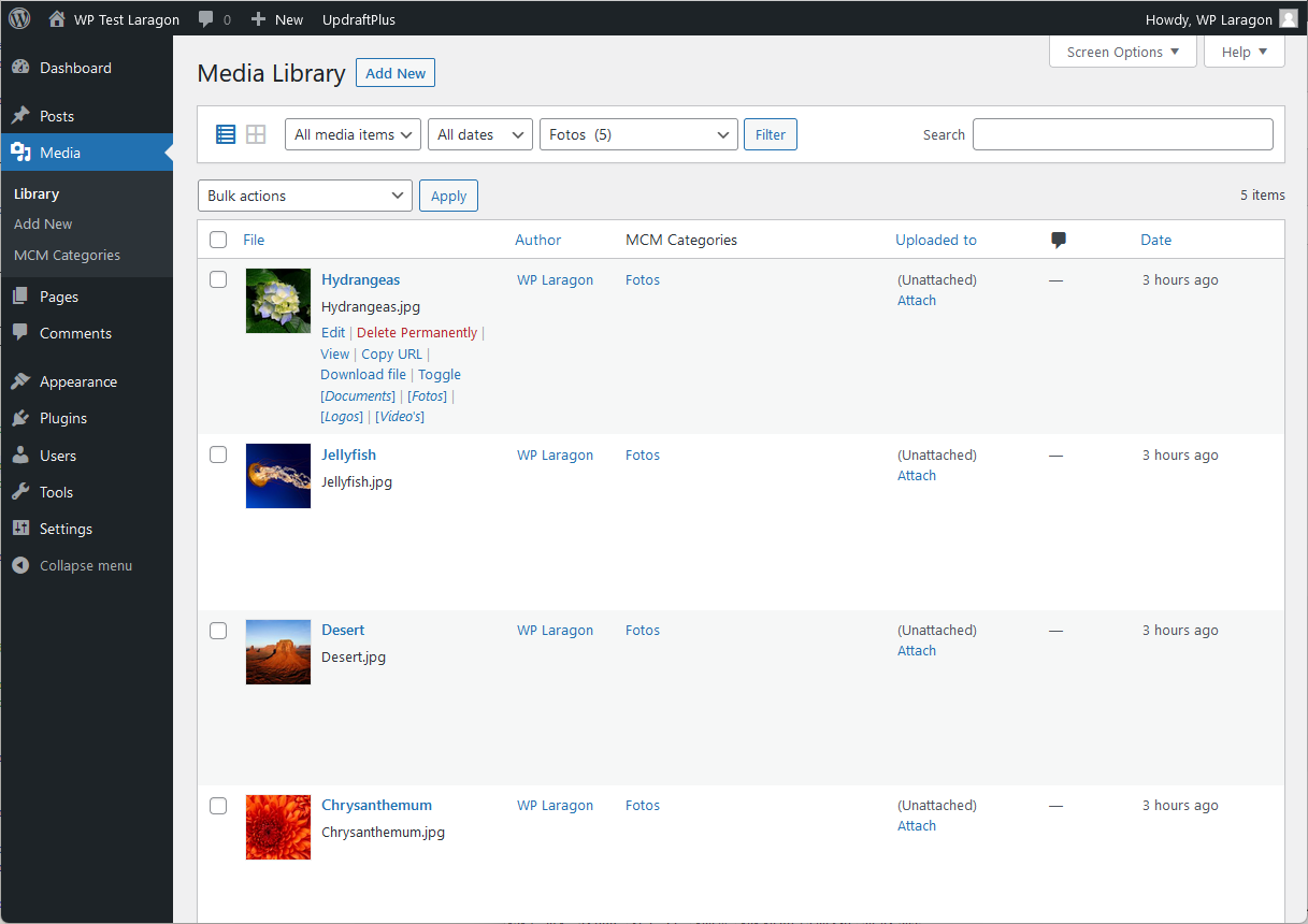 Media List page view showing individual toggle options for first media post.