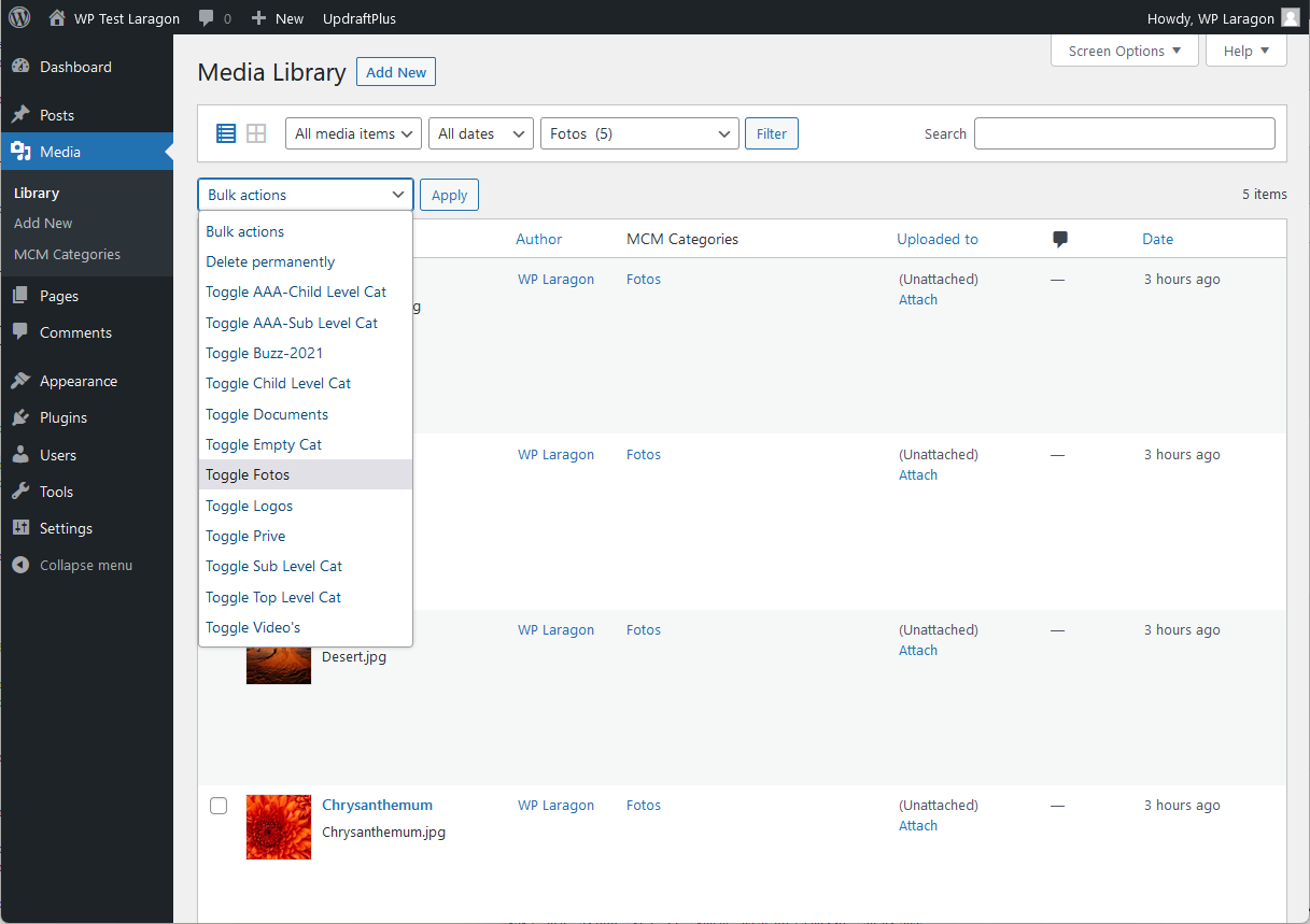 Media List page view showing bulk toggle actions for selected media post.