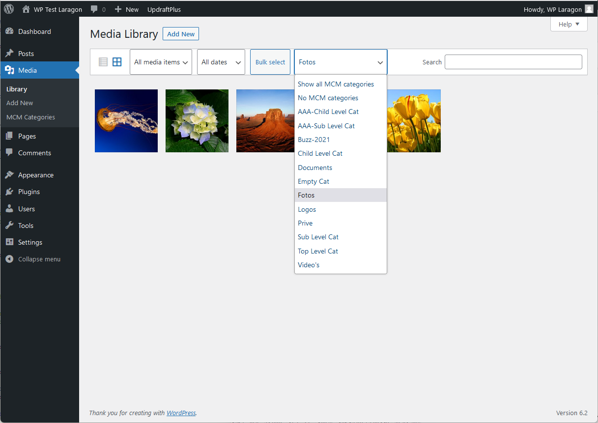 Media Grid page view showing filter options for Media Categories.