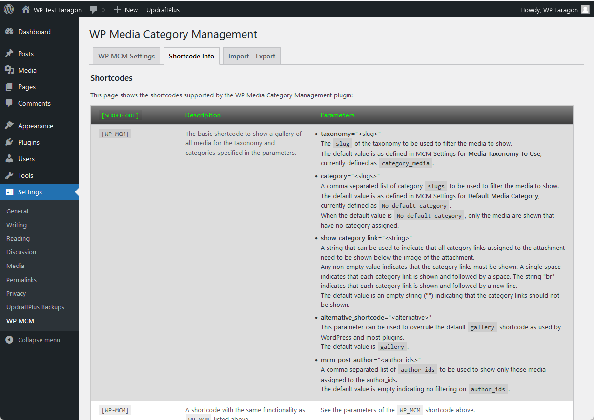 The admin page showing the shortcode explanations for this plugin.