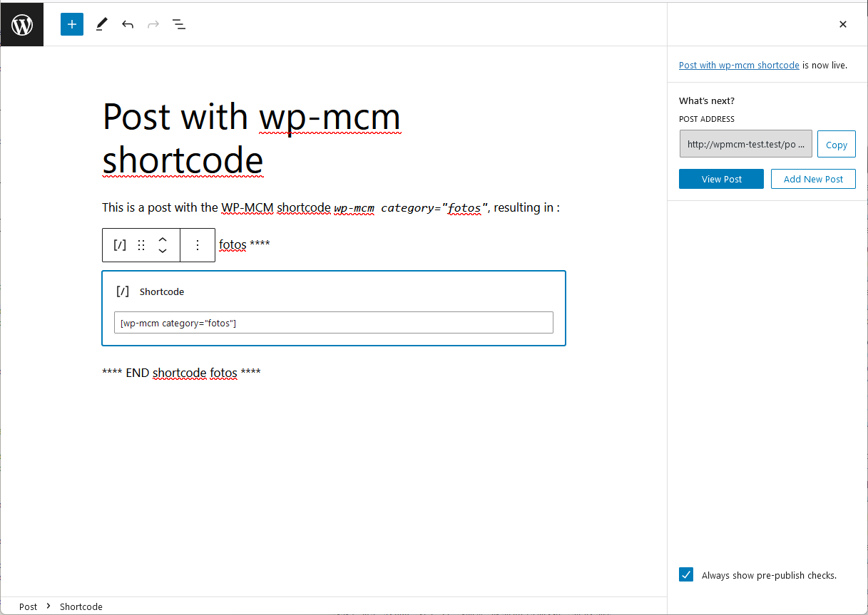 The post edit page showing an example using the [wp-mcm category="fotos"] shortcode.