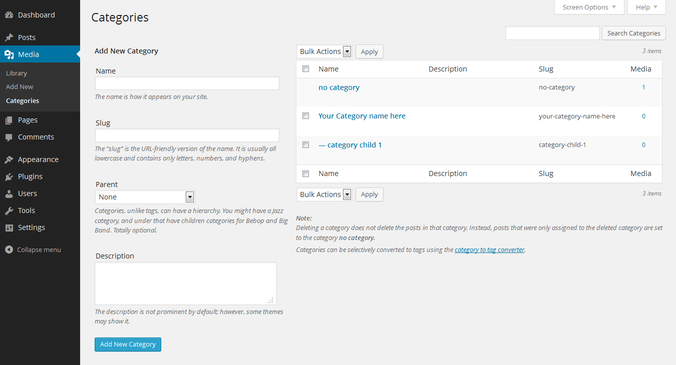 Manage categories in the media library