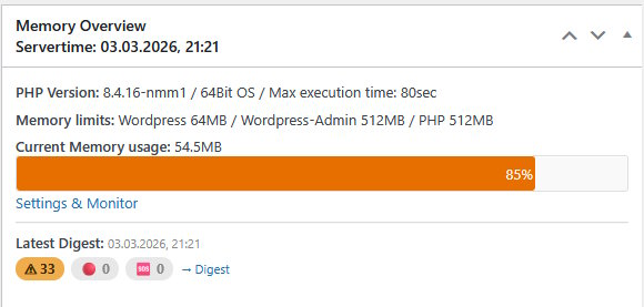 Dashboard widget – Memory Overview with progress bar and digest summary,show latest digest status badges (warn / danger / critical)