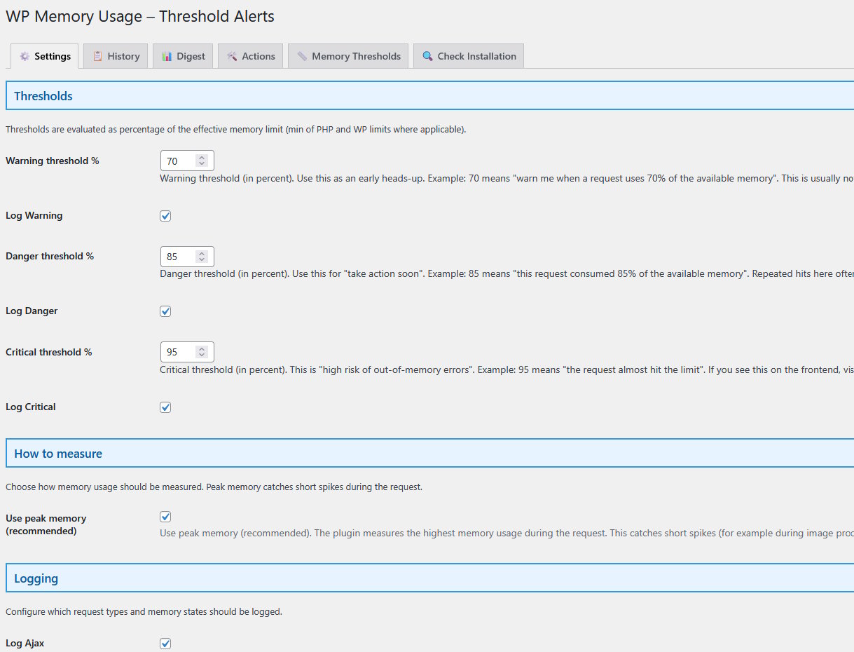 Threshold Alerts settings tab – thresholds, logging options, email options...