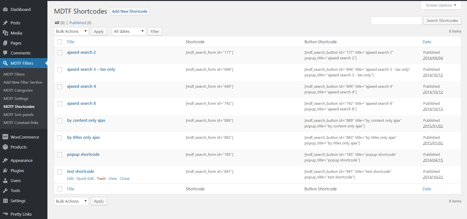 Settings - shortcodes