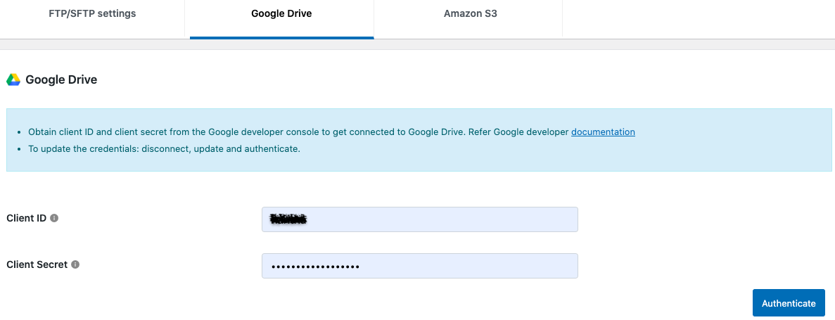 Authenticate Google drive for backup